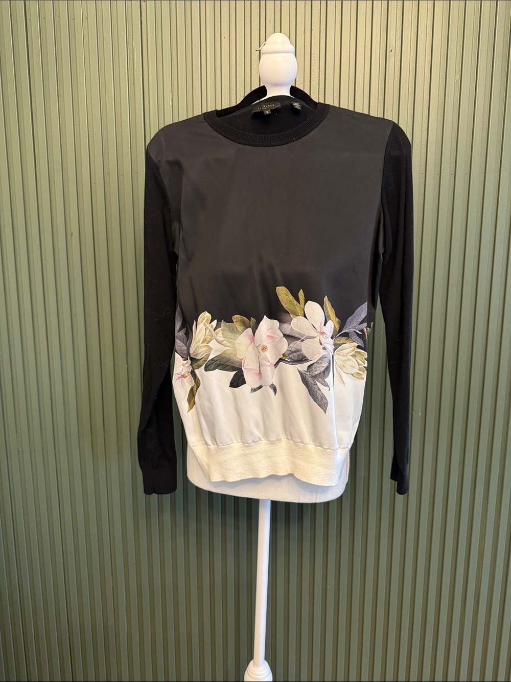 Ted Baker London Black & Ivory Floral Panel Pullover